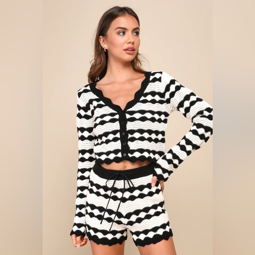 Lulu's Black and White Striped Knit Short Set